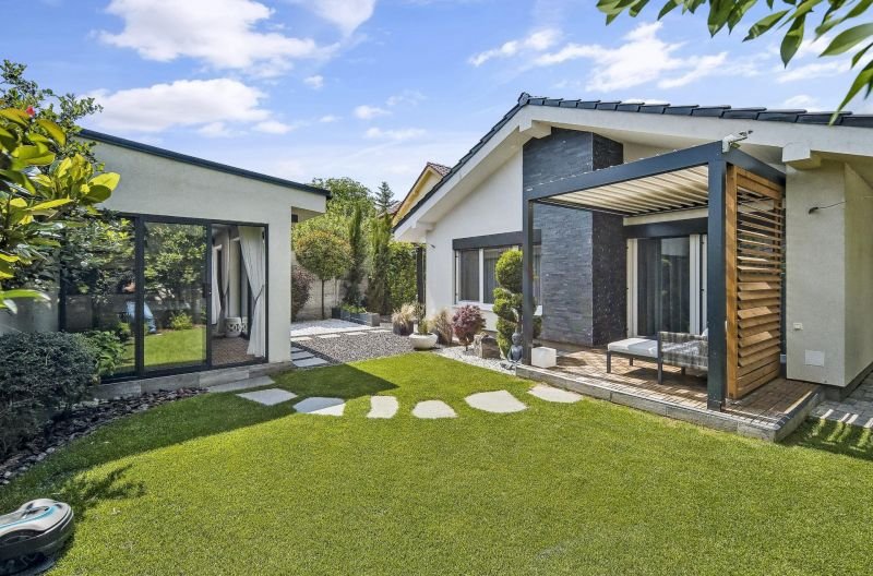 Family house garden with terrace and garden house